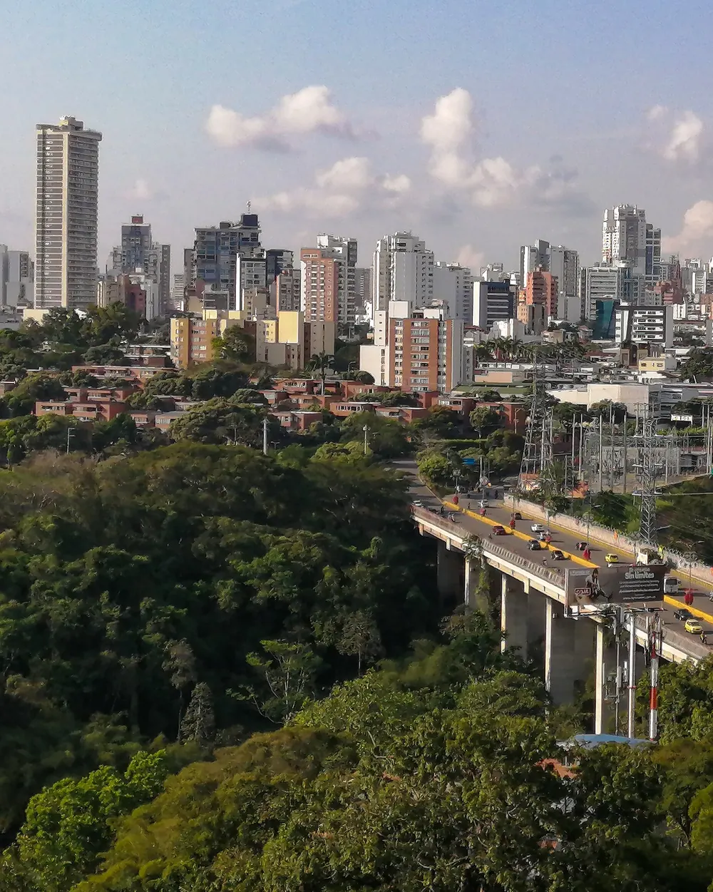 Vista de Bucaramanga con edificios del centro y un viaducto con tráfico vehicular